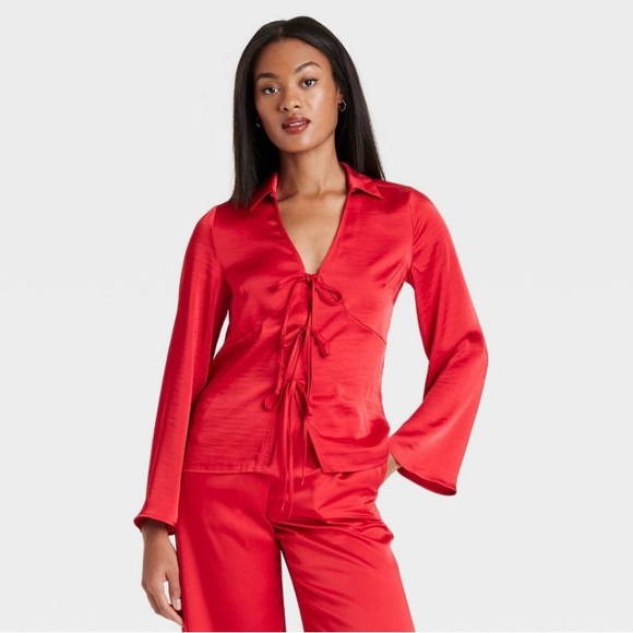 a new day Tops - Red Satin Blouse with Tie Front